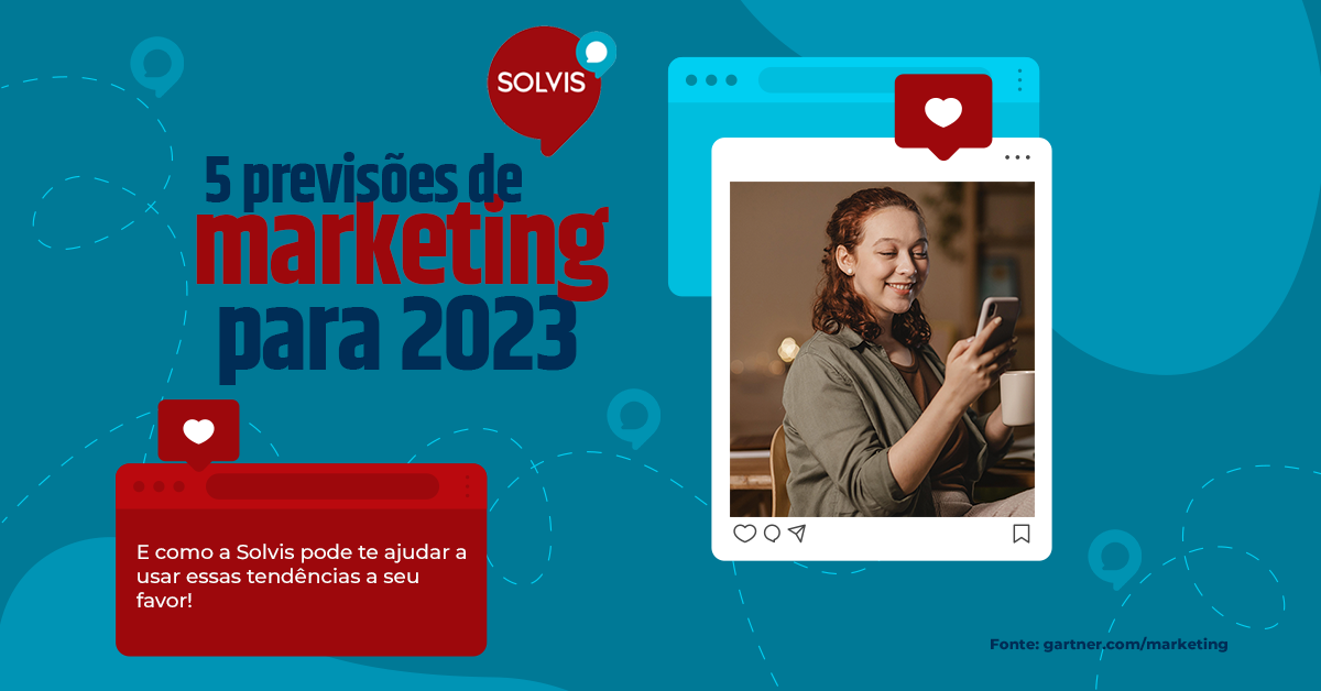 Imagem com elementos online e a logo Solvis com o texto "5 previsões de marketing para 2023 e como a Solvis pode te ajudar a usá-las a seu favor" com a ilustração de uma mulher utilizando um smartphone e sorrindo